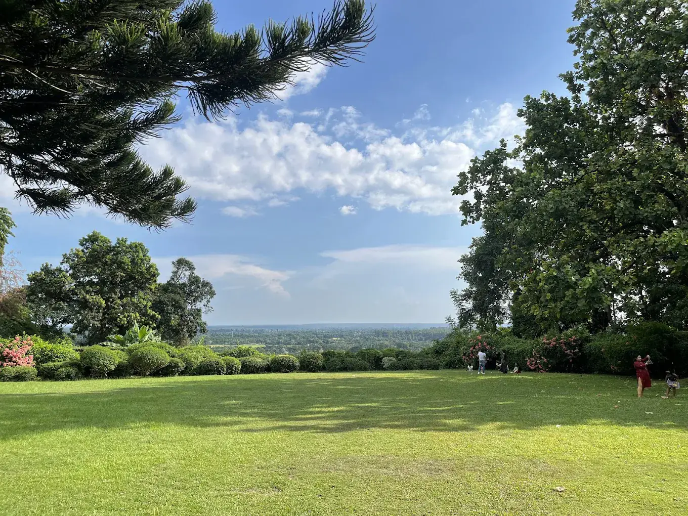 An open lawn and trees looking out over the valley